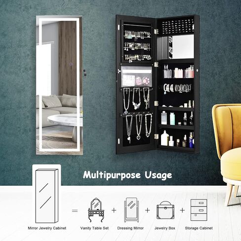 خزانة مجوهرات المرآة LED COSTWAY ، منظم مجوهرات الباب المثبت على باب الجدار مع 3 ألوان مصابيح LED ، مرآة كاملة الطول مع تخزين المجوهرات ، مجوهرات معلقة قابلة للقفل للنساء الفتيات (أسود) in Kuwait