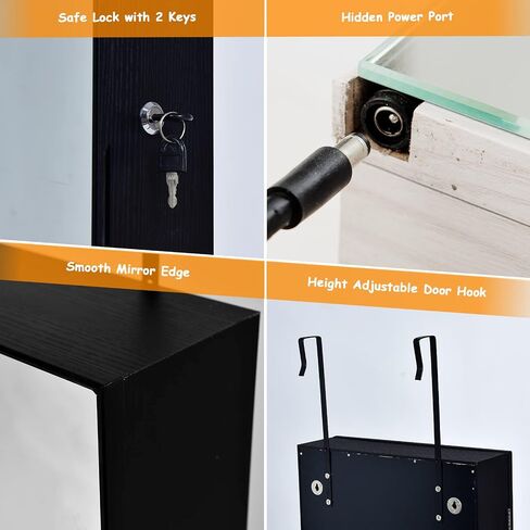 خزانة مجوهرات المرآة LED COSTWAY ، منظم مجوهرات الباب المثبت على باب الجدار مع 3 ألوان مصابيح LED ، مرآة كاملة الطول مع تخزين المجوهرات ، مجوهرات معلقة قابلة للقفل للنساء الفتيات (أسود) in Kuwait