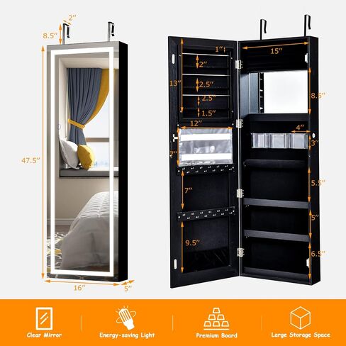 COSTWAY LED Mirror Jewelry Cabinet, Wall Door Mounted Jewelry Organizer w/ 3-Color LED Lights, Full Length Mirror with Jewelry Storage, Lockable Hanging Jewelry Armoires for Women Girls (Black) in Saudi Arabia
