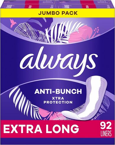 Always Anti-Bunch Xtra Protection, Panty Liners for Women, Light Absorbency, Extra Long Length, Leakguard + Rapiddry, Unsented, 92 Count in Saudi Arabia