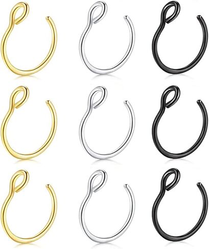 9 PCS Fake Piercing Jewelry Hoop, Fake Nose Rings Hoop, Stainless Steel Nose Hoop for Faux Lip Septum Nose Ring Set (Gold/Silver/Black) in Saudi Arabia