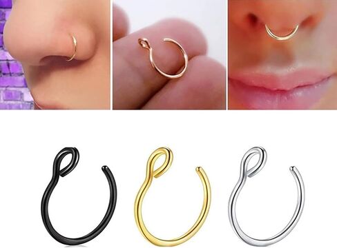 9 PCS Fake Piercing Jewelry Hoop, Fake Nose Rings Hoop, Stainless Steel Nose Hoop for Faux Lip Septum Nose Ring Set (Gold/Silver/Black) in Saudi Arabia