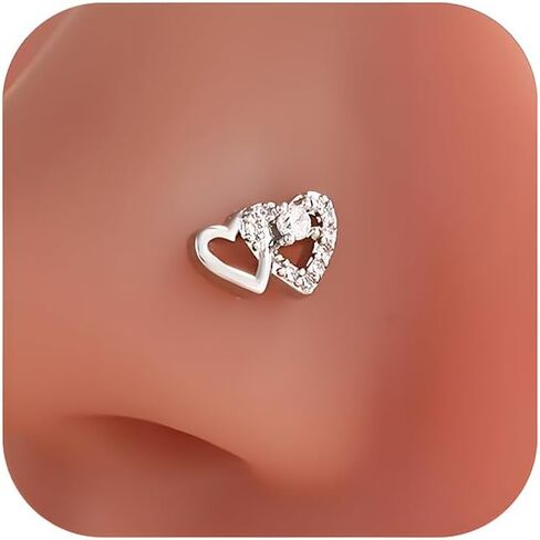 14K Gold Plated Heart Nose Stud for Women Silver Plated Heart Nose Ring with Faux Diamond CZ Hearts Noses Rings Piercing Jewelry in Kuwait