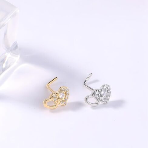 14K Gold Plated Heart Nose Stud for Women Silver Plated Heart Nose Ring with Faux Diamond CZ Hearts Noses Rings Piercing Jewelry in Kuwait