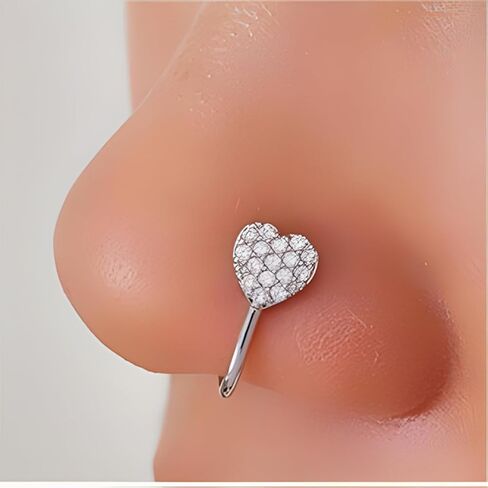 14K Gold Plated Heart Nose Stud for Women Silver Plated Heart Nose Ring with Faux Diamond CZ Hearts Noses Rings Piercing Jewelry in Kuwait