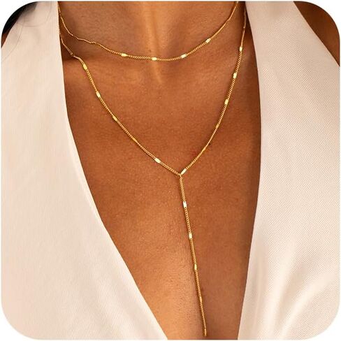 Lariat Gold Necklaces for Women, Dainty 14k Gold Plated Long Layered Chain Necklace Trendy Y-Shaped Pendant Necklace Statement Charm Jewelry for Women Gift in Saudi Arabia
