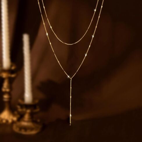 Lariat Gold Necklaces for Women, Dainty 14k Gold Plated Long Layered Chain Necklace Trendy Y-Shaped Pendant Necklace Statement Charm Jewelry for Women Gift in Saudi Arabia