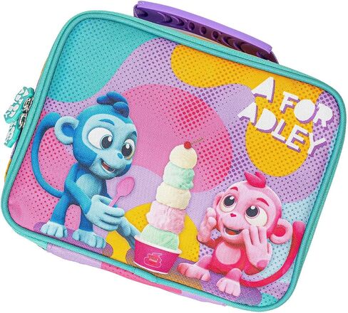 A FOR ADLEY Lunchbox. Featuring Adley's Neon Rainbow Friends on a Zebra Rainbow Printed Lunchbox (Purple Retro) in Saudi Arabia