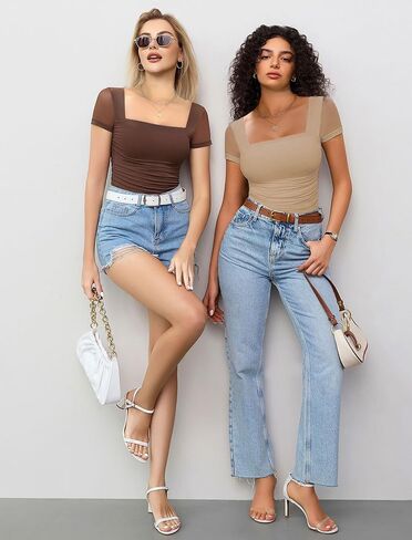 Avidlove Women's Square Neck Sheer Mesh Short Sleeve Bodysuit Ruched Going Out Sexy Thong Bodysuits Tops in Saudi Arabia