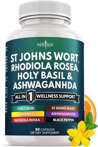New Age St Johns Wort ، Rhodiola Rosea ، Holy Brasil ، Ashwagandha - دعم للنساء والرجال المصابين بفيتامين C & Black Pepper Extract - 60 Count in Kuwait