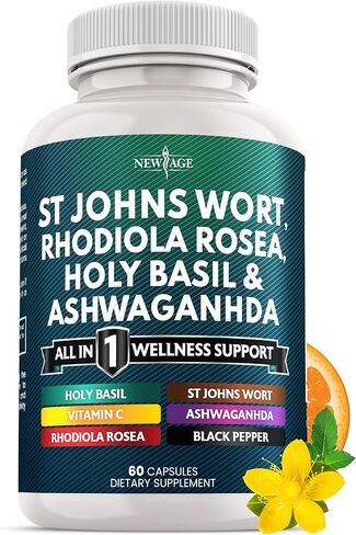 New Age St Johns Wort ، Rhodiola Rosea ، Holy Brasil ، Ashwagandha - دعم للنساء والرجال المصابين بفيتامين C & Black Pepper Extract - 60 Count in Kuwait