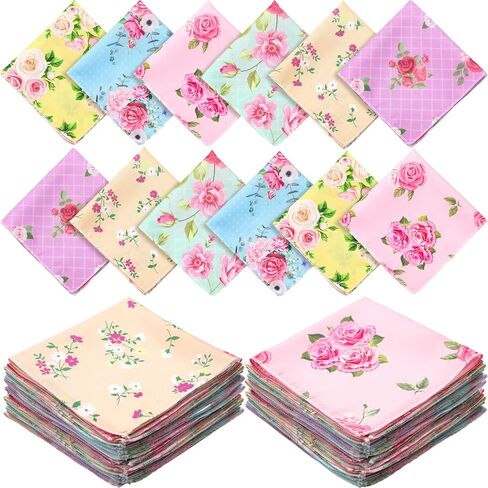 36 Pcs Vintage Floral Handkerchiefs for Women Tea Party Favors, 11 x 11 Inches Vintage Rose Ladies Hankies for Gifting Weddings Home Decor in Saudi Arabia