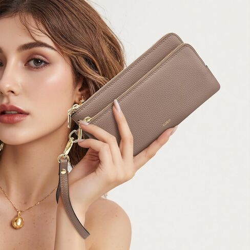 Kattee Leather Wristlet Wallets for Women, Slim Clutch Purses, RFID Wallet Women with Credit Card Holder, Khaki in Saudi Arabia