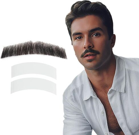 Realistic Fake Mustache, 100% Human Hair Handmade Fake Beard with Invisible Lace, Thick Straight Fake Moustache for Halloween/Cosplay/Party/Theater Costume (Brown) in Saudi Arabia