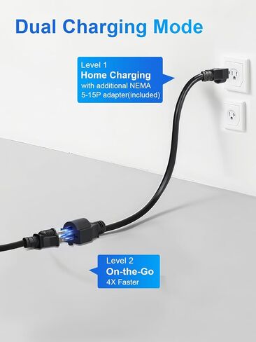 شاحن المستوى 1 و 2 EV ، 110V-240V 16A شاحن J1772 Portable مع NEMA 6-20 و 5-15 ، كابل 25 قدم للاستخدام المنزلي والخارجي (أسود) in Kuwait