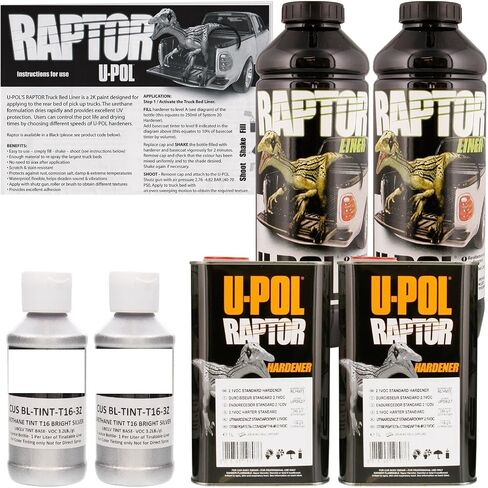 U-Pol Raptor سوء الفضة يوريتان رذاذ سرير الشاحنة بطانة وملطفة للملمس ، 2 لتر in Kuwait