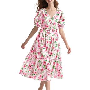 YESNO Summer Floral Midi Dresses for Women V Neck Puff Short Sleeve Frill Trim Dress with Pockets EVX in Saudi Arabia