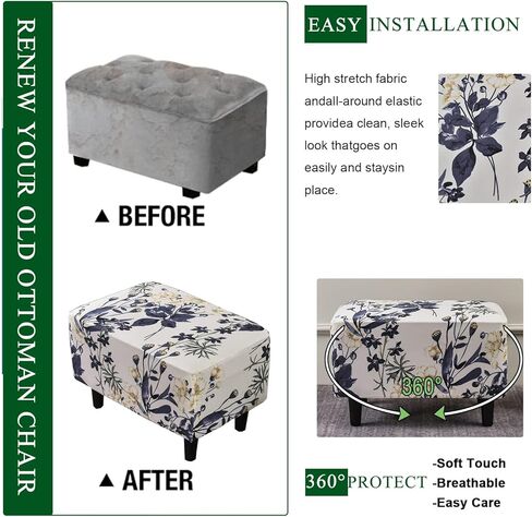 CRFATOP Ottoman Chair Cover Large Ottoman Chair Slipcovers Printed Rectangle Storage Stool Cover Stretch Footstool Footrest Sofa Slipcovers with Elastic Bottom,30 in Kuwait