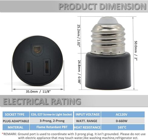 3 Prong Outlet Light Socket Adapter,Screw in Outlet Socket,E26 Light Bulb to Outlet Socket Converter,Light Bulb Plug Adapter for Porch Light Socket,Camera,Garage Light and Light Strings in Kuwait