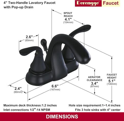 Derengge Matte Black Bathroom Faucet 4 Inch Two Handle Bathroom Sink Fucet with Drain Assembly, Lavatory Faucet for 3 Hole Installation, FL-0288-MT in Kuwait