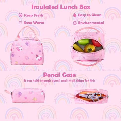 Kimwadalh Girls Backpack with Lunch Box Pencil Case for School, 3in1 Schoolbag Set with Chest Strap for Elementary Preschool in Saudi Arabia