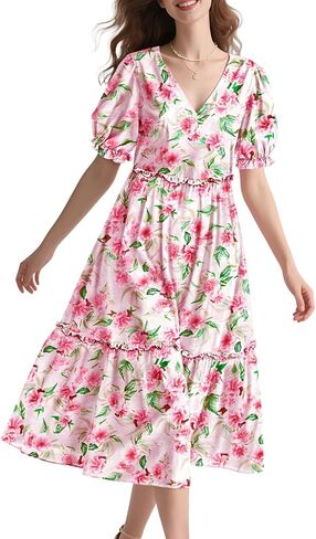 YESNO Summer Floral Midi Dresses for Women V Neck Puff Short Sleeve Frill Trim Dress with Pockets EVX in Saudi Arabia