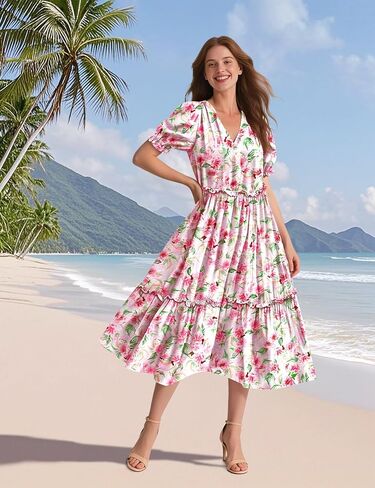 YESNO Summer Floral Midi Dresses for Women V Neck Puff Short Sleeve Frill Trim Dress with Pockets EVX in Saudi Arabia