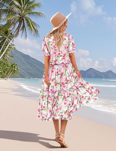 YESNO Summer Floral Midi Dresses for Women V Neck Puff Short Sleeve Frill Trim Dress with Pockets EVX in Saudi Arabia