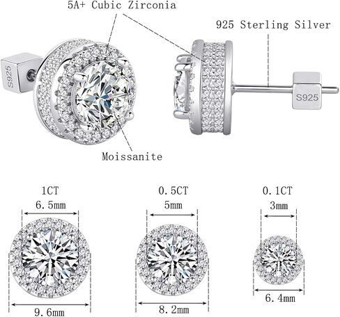 أقراط مسمار مويسانيت ، 0.1ct-1ct d color VVS1 Clarity Round Cut Moissanite ، Silver/Rose Gold/Gold/Black ، 925 sterling Silver Placed 18 k Bhite Gold Stud arics for Women Men Men in Kuwait