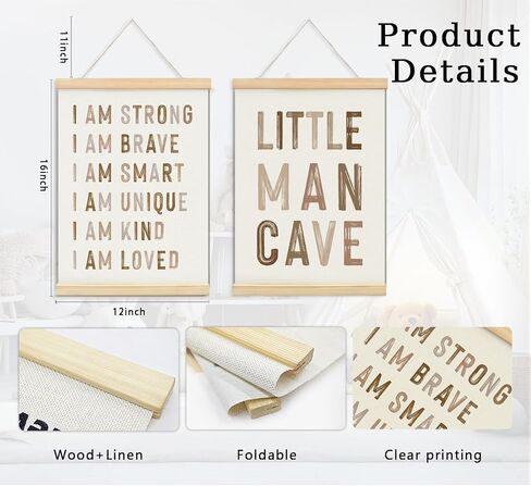 ULEGIE Boy Nursery Decor Posters Framed with Wood Hanger, Little Man Cave Sign for Boys Kids, Boys Room Decor, Toddler Room Decor, Positive Affirmations for Kids Decor, Art Prints for Nursery Playroom Bedroom, 2 Pack 12 x 16 Inches in Kuwait