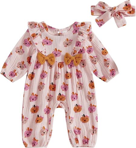 Newborn Baby Girl Halloween Pumpkin Jumpsuit Long Sleeveless Ruffle Smocked Romper With Headband Boho Clothes Fall in Saudi Arabia