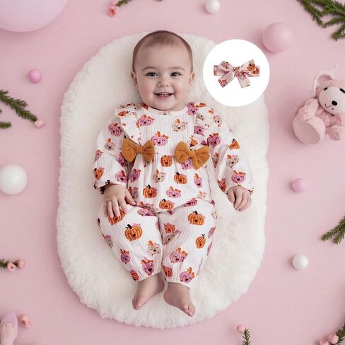 Newborn Baby Girl Halloween Pumpkin Jumpsuit Long Sleeveless Ruffle Smocked Romper With Headband Boho Clothes Fall in Saudi Arabia