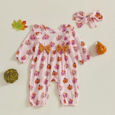 Newborn Baby Girl Halloween Pumpkin Jumpsuit Long Sleeveless Ruffle Smocked Romper With Headband Boho Clothes Fall in Saudi Arabia