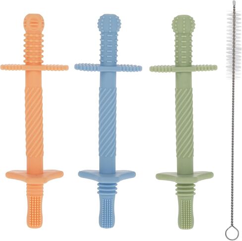 Nuby Silicone Teething Tubes – 3-Pack Teething Straws for Babies, Multiple Texture Teething Sticks Sized for Little Hands, 3M+, Girl in Saudi Arabia