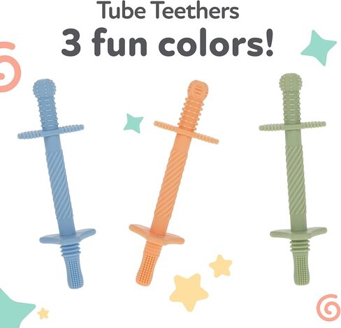 Nuby Silicone Teething Tubes – 3-Pack Teething Straws for Babies, Multiple Texture Teething Sticks Sized for Little Hands, 3M+, Girl in Saudi Arabia