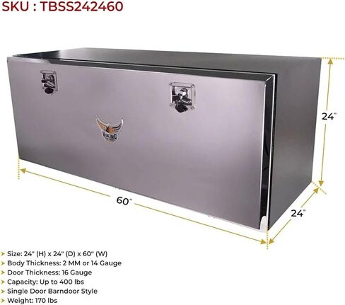 Mytee Products Heavy Duty 24"x24"x60" Steel Underbody Trailer Tool Box with Mounting Brackets – Mirror Finish Barndoor Style Single Door & T-Handle Lock – Weld-On Bracket Mounting Kit in Kuwait