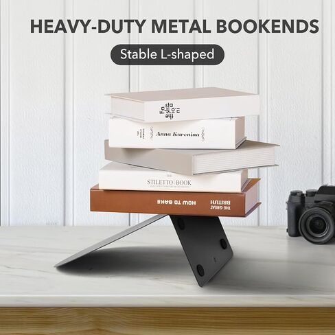 Metal Book Ends for Shelves - 6Pcs Bookends for Heavy Books Non-Skid Decorative Book Stopper to Hold Books/CDs for Home Office School and Desktop Organizer, Black in Kuwait