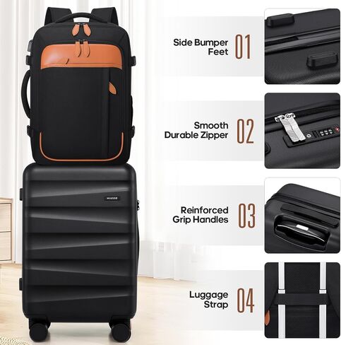 Airline-Approved Carry On Luggage Set – 22x14x9 Hardshell Suitcase Set with Spinner Wheels, Travel Backpack & USB Port for Business Trips, Family Travel, or Women’s Outfits​ (Black) in Saudi Arabia
