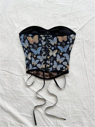 MakeMeChic Women's Floral Strapless Corset Top Vintage Lace Up Bustier Going Out Top in Saudi Arabia