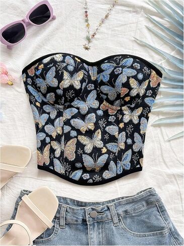 MakeMeChic Women's Floral Strapless Corset Top Vintage Lace Up Bustier Going Out Top in Saudi Arabia