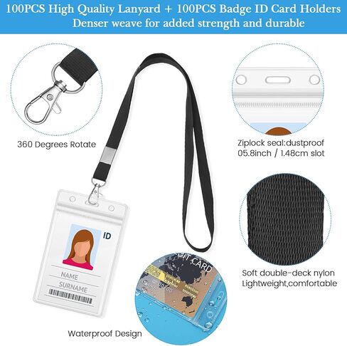 100 Pieces Vertical Name Badge Holders with Lanyard ID Card Holder Waterproof Clear Plastic Tags Transparent PVC Pouch for Office School Travel (65 x 115 mm) in Kuwait
