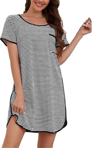 VibeVista Cotton Nightgowns for Women Summers Striped House Dresses Short Sleeve Crew Neck Sleepwear Sleepshirts Sleep Dress in Saudi Arabia
