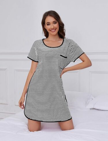VibeVista Cotton Nightgowns for Women Summers Striped House Dresses Short Sleeve Crew Neck Sleepwear Sleepshirts Sleep Dress in Saudi Arabia