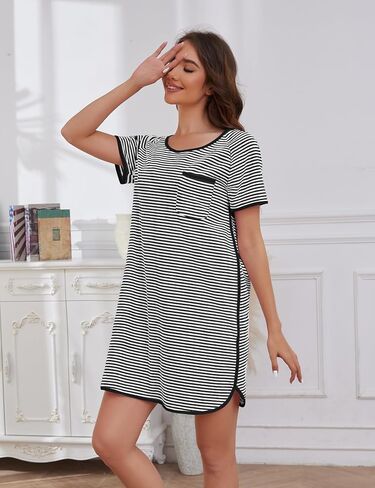 VibeVista Cotton Nightgowns for Women Summers Striped House Dresses Short Sleeve Crew Neck Sleepwear Sleepshirts Sleep Dress in Saudi Arabia