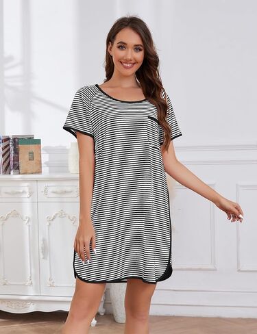 VibeVista Cotton Nightgowns for Women Summers Striped House Dresses Short Sleeve Crew Neck Sleepwear Sleepshirts Sleep Dress in Saudi Arabia