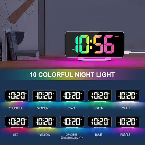 المنبه الرقمي ، ساعة رقمية LED كبيرة لغرف النوم مع 10 ألوان متغيرة ضوء الليل ، سطوع قابل للتعديل ، ميناء شحن USB ، بجانب السرير وساعة المكتب لديكور مكتب غرفة المعيشة (أسود) in Kuwait