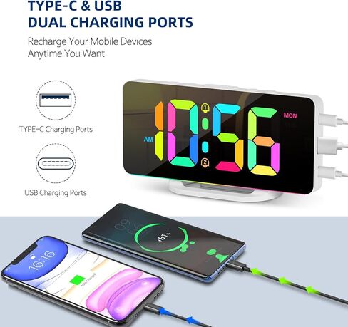 المنبه الرقمي ، ساعة رقمية LED كبيرة لغرف النوم مع 10 ألوان متغيرة ضوء الليل ، سطوع قابل للتعديل ، ميناء شحن USB ، بجانب السرير وساعة المكتب لديكور مكتب غرفة المعيشة (أسود) in Kuwait