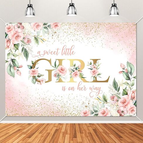 Avezano Girl Baby Shower Backdrop Pink Floral Sweet Baby Girl Baby Shower Banner A Sweet Little Girl is on Her Way Baby Shower Party Decorations Banner 70.8 x 43.3 Inch in Saudi Arabia