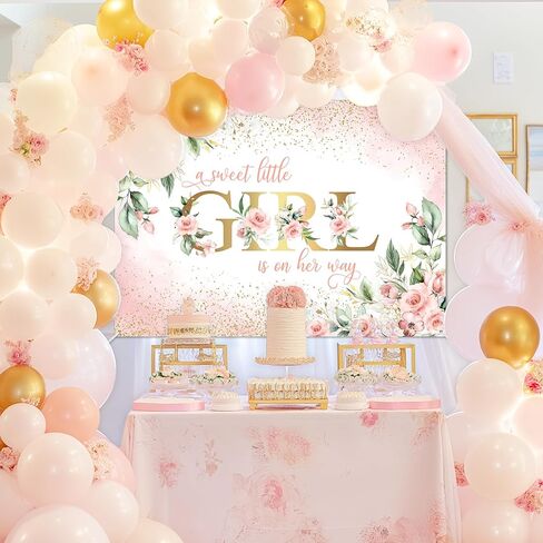 Avezano Girl Baby Shower Backdrop Pink Floral Sweet Baby Girl Baby Shower Banner A Sweet Little Girl is on Her Way Baby Shower Party Decorations Banner 70.8 x 43.3 Inch in Saudi Arabia