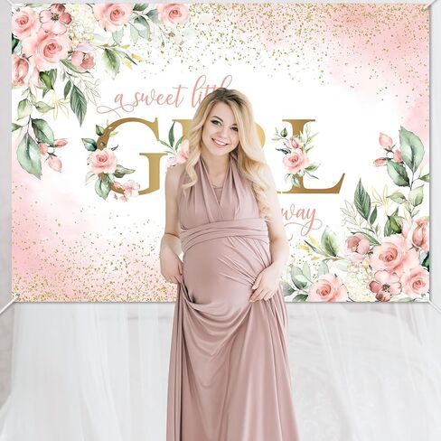 Avezano Girl Baby Shower Backdrop Pink Floral Sweet Baby Girl Baby Shower Banner A Sweet Little Girl is on Her Way Baby Shower Party Decorations Banner 70.8 x 43.3 Inch in Saudi Arabia